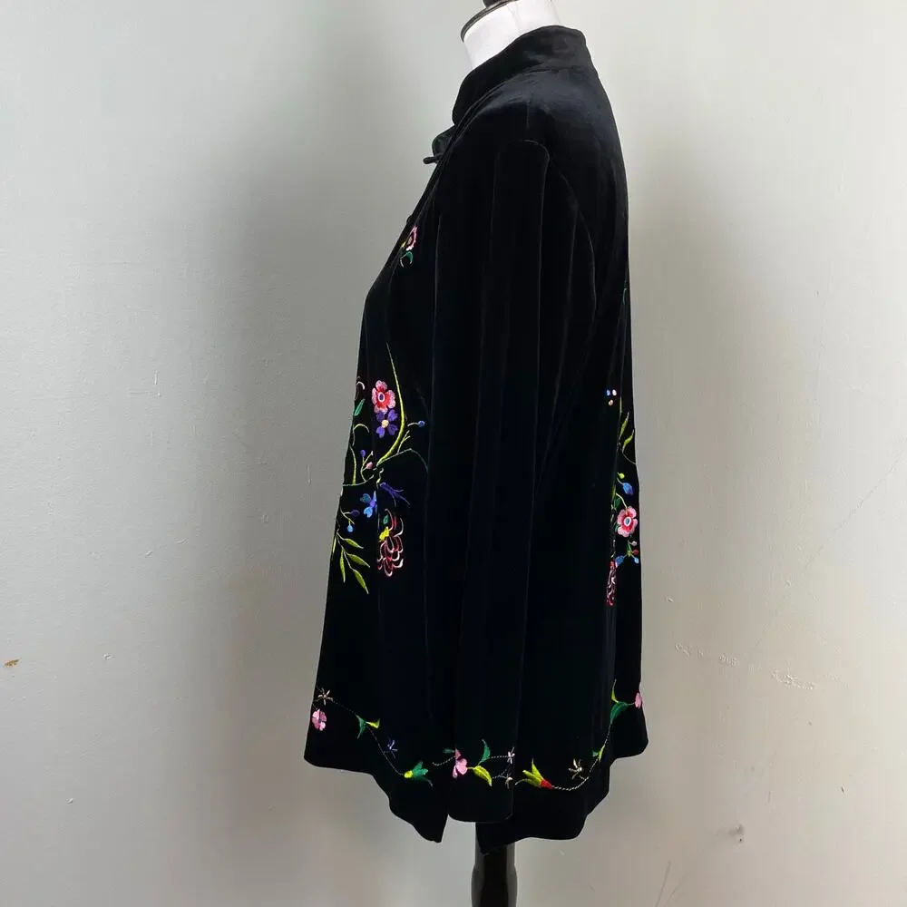 Susan Graver Black Velour Floral Embroidered Button Down Top Kimono Jacket Small - Picture 9 of 10